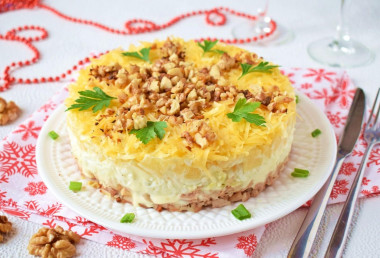 Salad with chicken pineapple and cheese layers