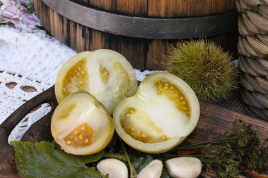 Green tomatoes in a barrel for winter