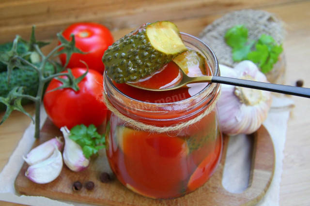 Cucumbers in tomato juice for winter