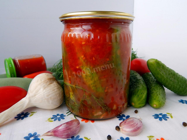 Cucumbers for winter in tomato paste