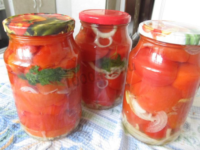 Tomatoes in gelatin with onions for winter without sterilization