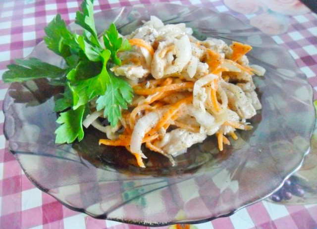 Korean appetizer of chicken fillet with carrots