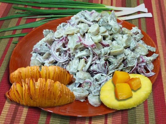 Pork salad with pickled pineapple mushrooms and cheese