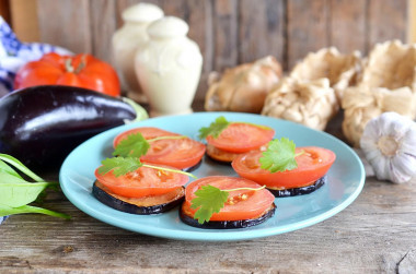 Fried eggplant with tomatoes and garlic