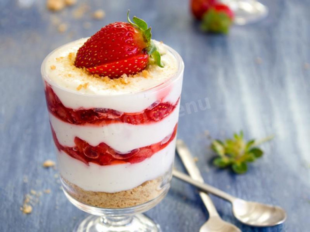 Strawberry parfait with cream and cream cheese in creamers