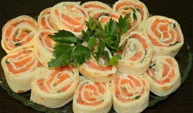 Three-layer pita bread roll with salmon