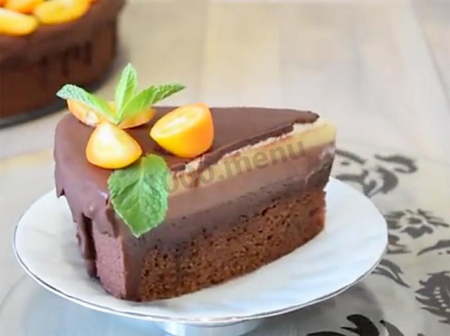 Mousse cake with three chocolates on cream