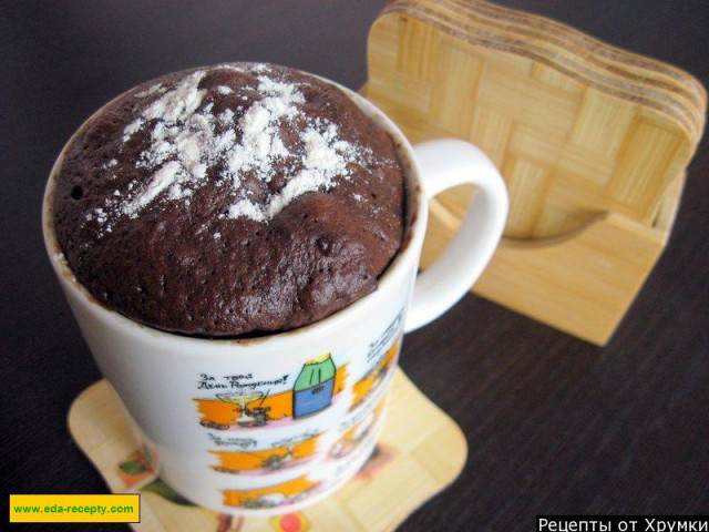 Chocolate cupcake with milk and vegetable oil in a mug