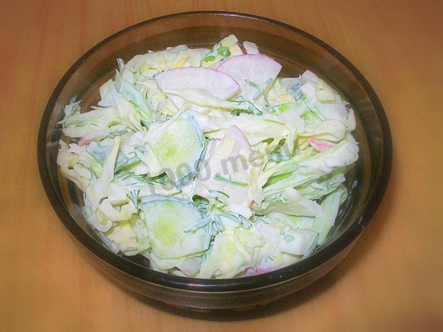 Spring vegetable salad with egg and mayonnaise