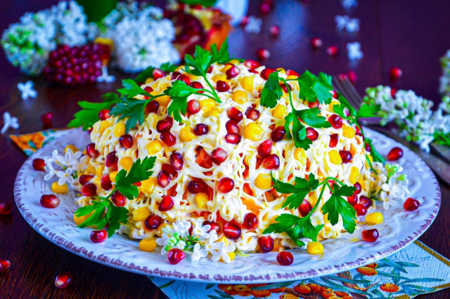 Salad with pomegranate and chicken and nuts