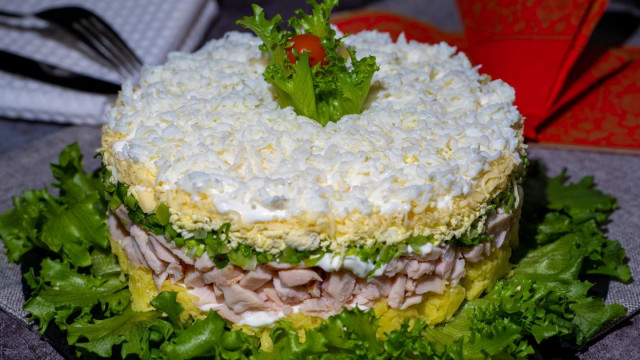 Layered Bride salad with smoked chicken