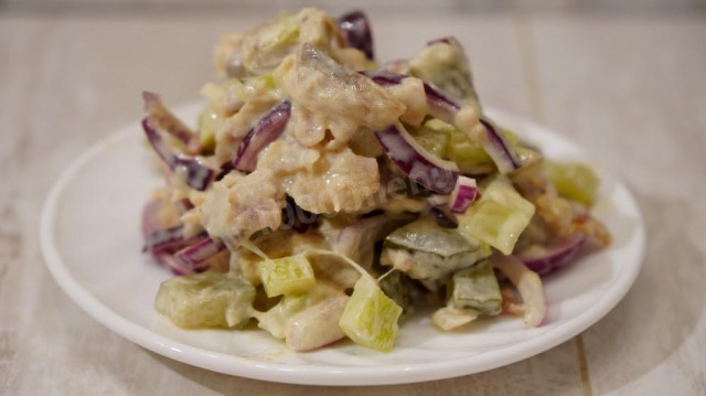 Fish salad with smoked mackerel and pickled cucumbers
