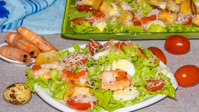 Shrimp salad, cherry tomatoes and parmesan cheese
