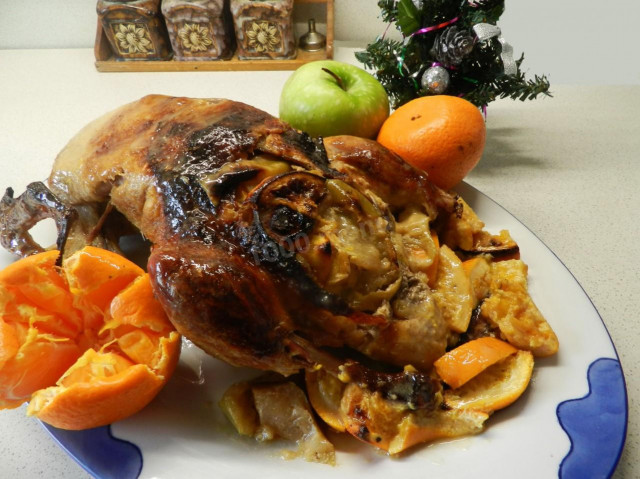 Duck with apples and oranges, baked in a sleeve