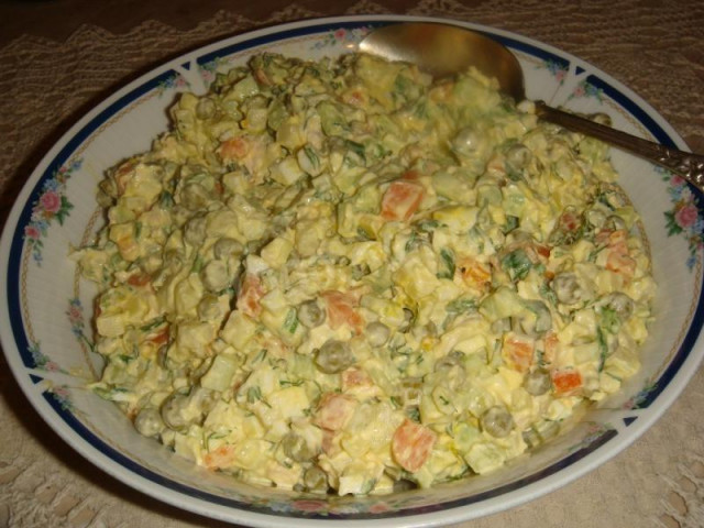 Olivier salad with fresh cucumbers