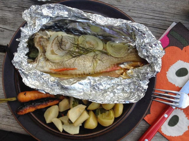 Fish on a fire in foil