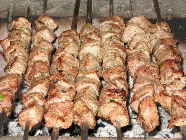 Beef shish kebab with lard juicy
