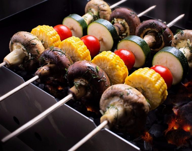 Grilled vegetable and mushroom shish kebab vegetarian