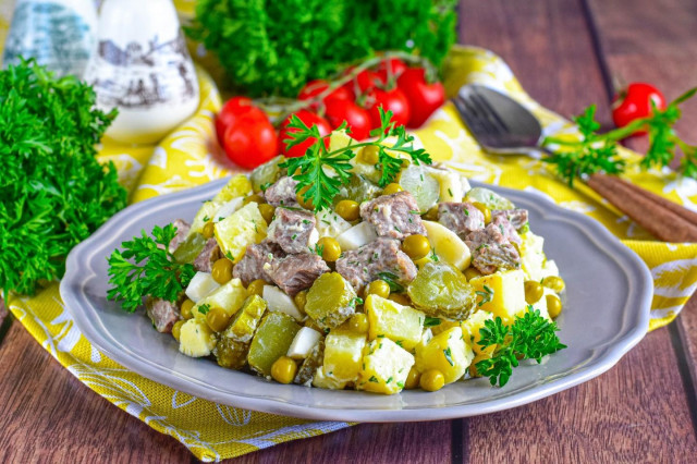 Salad with beef and pickled cucumber