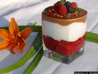 Raspberry sour cream dessert with chocolate