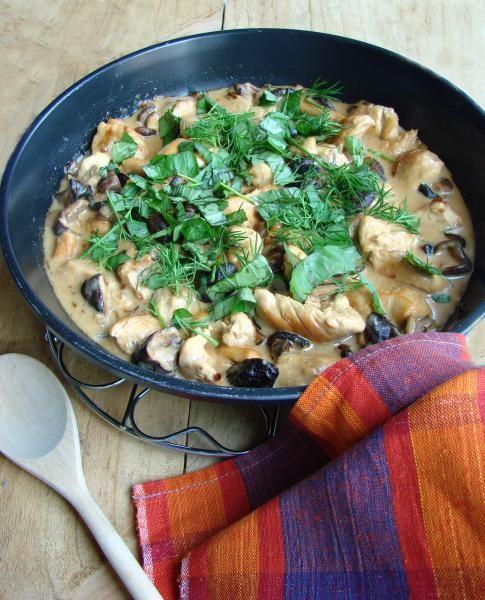Chicken breasts with mushrooms in cream sauce on white wine