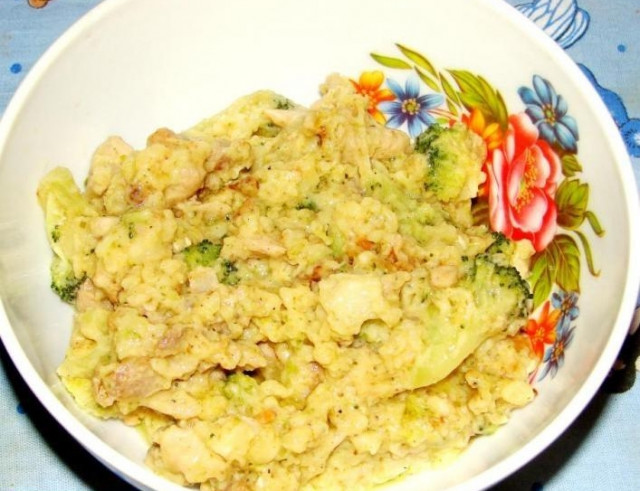 Chicken fillet, stewed in milk sauce with broccoli