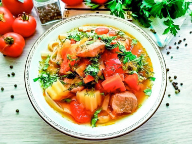 Pork lagman with potatoes and noodles
