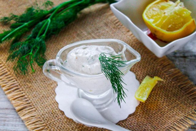 Sour cream mayonnaise sauce with horseradish and lemon juice