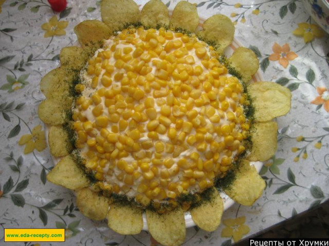 Sunflower salad with corn and mushrooms