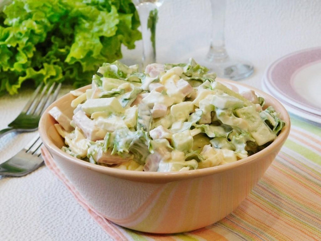 Tender salad with cheese and ham with apple