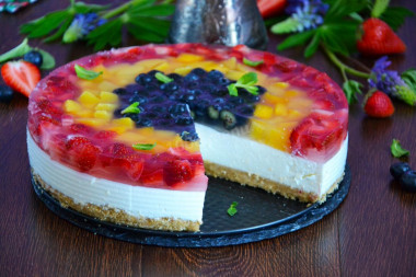 Cake without baking cookies, cottage cheese, sour cream with fruits