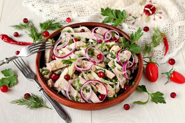 Rustic wedding salad of pork with onions
