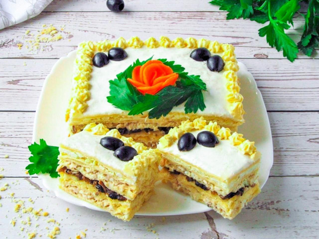 Napoleon salad cake made of cakes with chicken