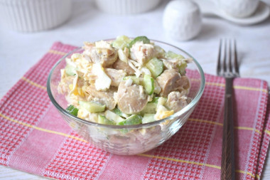 Salad with canned chicken and cucumber mushrooms