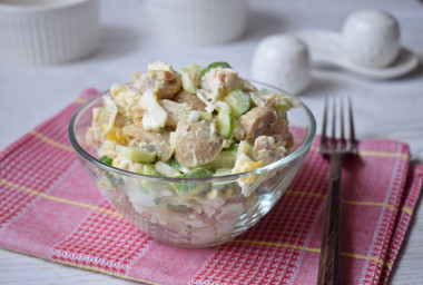 Salad with canned chicken and cucumber mushrooms