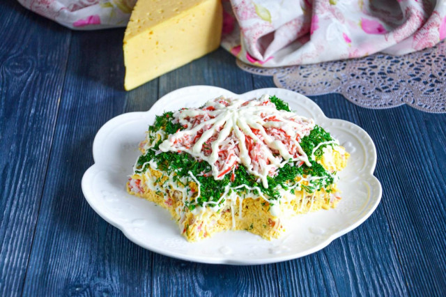 Tenderness salad with crab sticks and cheese