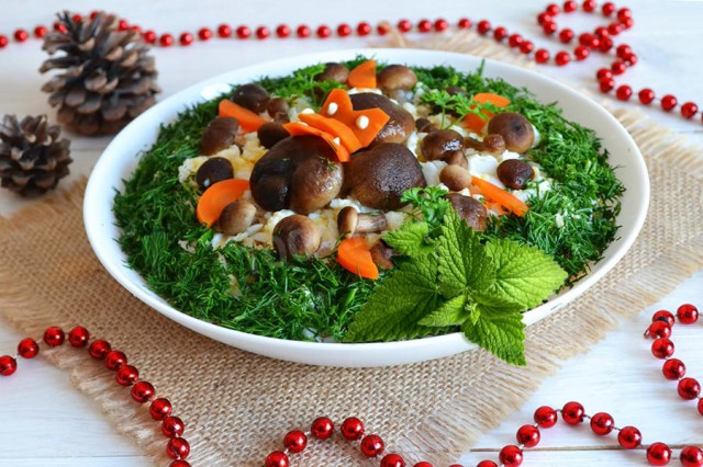 Salad Lesnaya Polyana with pickled honey mushrooms