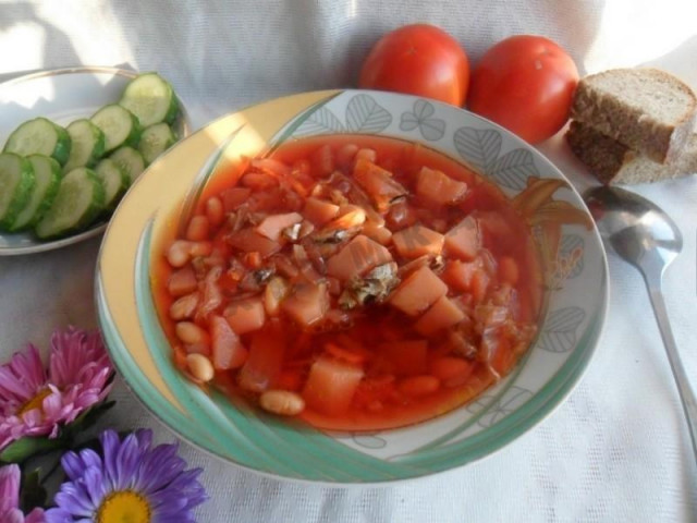Borscht with sprat in tomato and beans