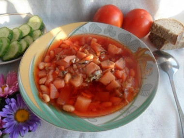 Borscht with sprat in tomato and beans