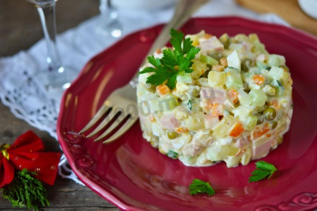 Olivier classic salad with fresh cucumbers