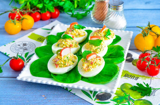Eggs stuffed with crab sticks and cheese
