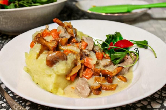 Meat in cream sauce with mushrooms in a frying pan