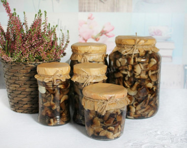 Pickled honey mushrooms in jars for the winter