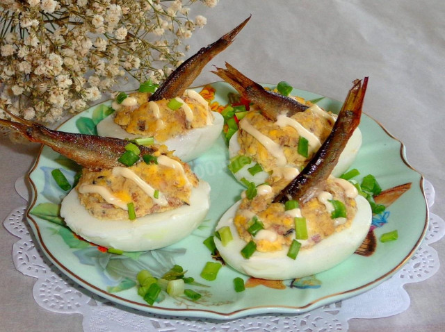 Eggs stuffed with sprats New Year's snack