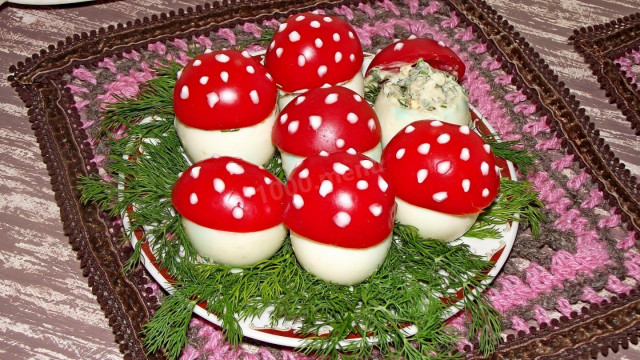 Mushrooms from eggs and tomatoes for a New Year's feast