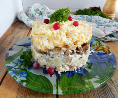 Layered salad with salted mushrooms, cheese and chicken