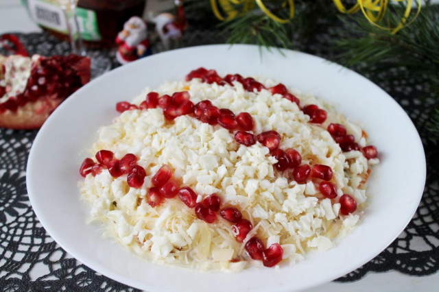Pomegranate beads salad in the snow with beef