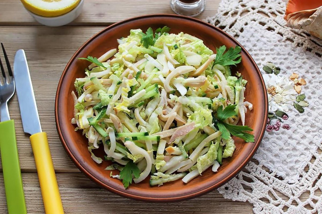 Salad with squid sausage cheese and Peking cabbage