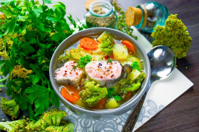 Soup with broccoli and red fish