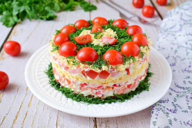 Red Sea salad with crab sticks tomatoes and peppers